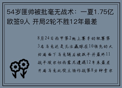 54岁匪帅被批毫无战术：一夏1.75亿欧签9人 开局2轮不胜12年最差
